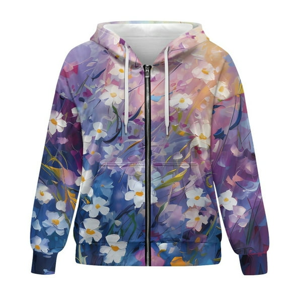 SCRAWLGOD Flowers Zip Hoodies for Women Zip Up Hoodie Oversized Women Sweatshirt Long Sleeve Zipper Hoodies for Women Plus Size XL Casual Womens Activewear Zip Up for Party