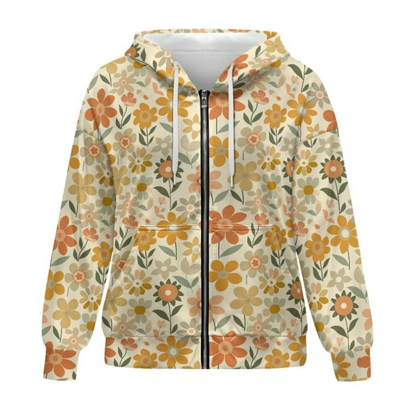 SCRAWLGOD Flowers Zip Up Hoodie for Women Hoodies with Zipper Plus Size S Long-Sleeve Zip Hoodie Women Oversized Breathable Women Sweatshirt Graphic for Daily Life