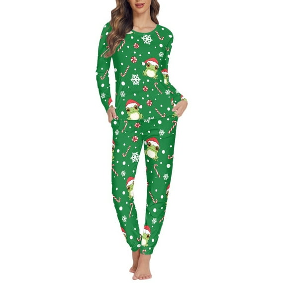SCRAWLGOD Frog Candy Cane Pjs Sets for Women Long Sleeve and Pants Pajama Set with Pockets Size XL Crewneck Christmas Pajamas for Women Soft 2 Piece Lounge Set