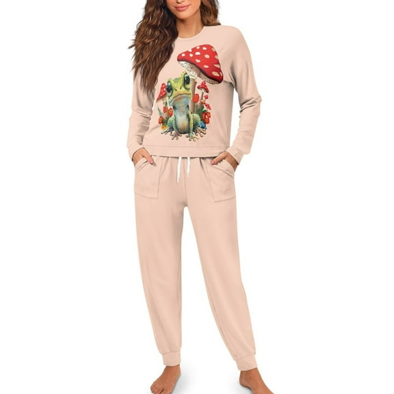 SCRAWLGOD Frog Mushroom Women Pajamas Long Sleeve 2 Piece Sets for Women Jogger Pj Size S Crewneck Women's Pjs with Pockets Elastic Women Lounge Set Fall
