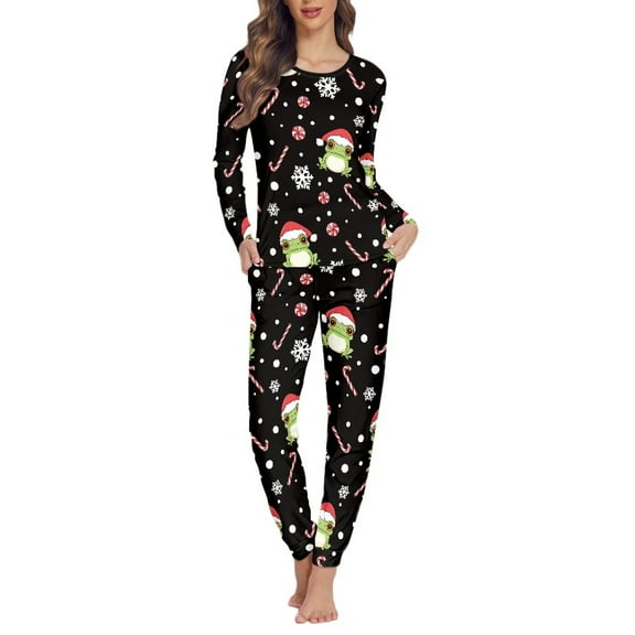 SCRAWLGOD Frog Pajamas for Women Set Long Sleeve Pj Set Women Christmas Candy Cane Crewneck Graphic Pjs Women Size 3XL Comfortable Women Sleepwear Soft