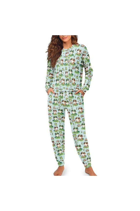 Frog Women's Pajamas Long Sleeve 2 Piece Sets for Women Pajama Set of 2 Crewneck Ladies Pjs with Pockets Size 2XL Soft Loungewear Sets Women Pjs