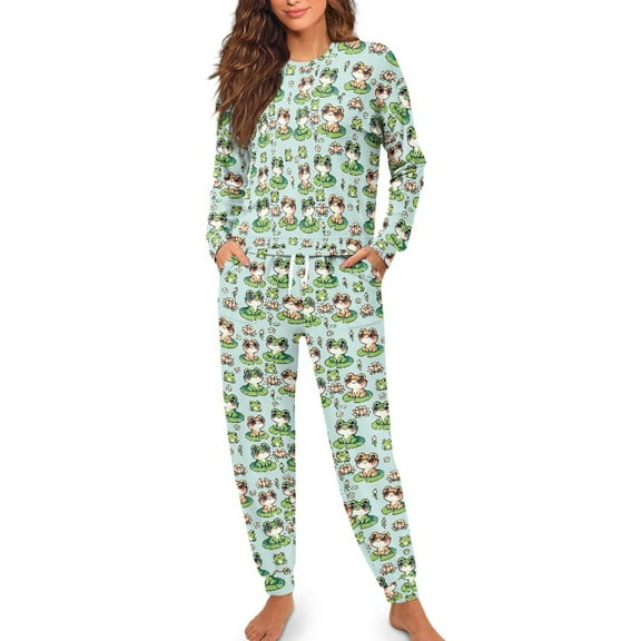 SCRAWLGOD Frog Women's Pajamas Long Sleeve 2 Piece Sets for Women Pajama Set of 2 Crewneck Ladies Pjs with Pockets Size XL Soft Loungewear Sets Women Pjs