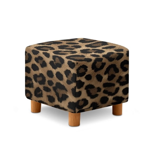 SCRAWLGOD Fur Leopard Print Brown Black Ottoman Cover, Stretch Slipcover for Square Ottomans Sofa Anti-Slip Footstool Cover with Elastic Bottom
