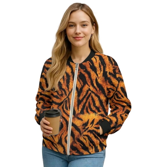 SCRAWLGOD Fur Tiger Print Women's Zip Up Lightweight Hoodless Jacket with Pockets Casual Long Sleeve Crewneck Outerwear Fashion Cozy Sweatshirt, L