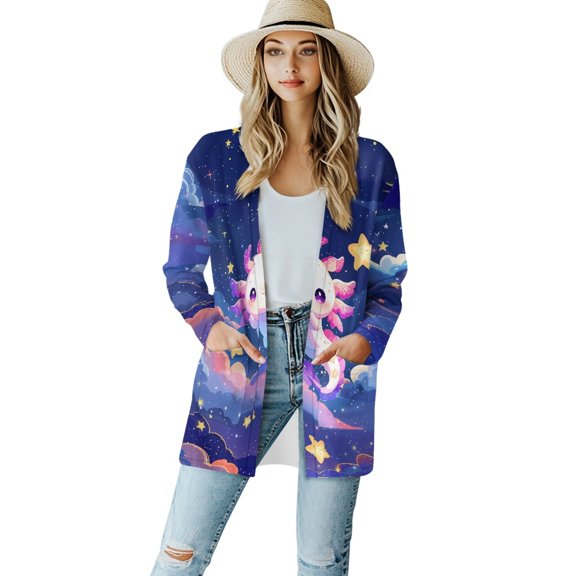 SCRAWLGOD Galaxy Axolotl Cardigan Coats for Women Trendy Clothes for Women Fall Tops Long Sleeve Women's Cardigan Sweaters Dressy Size M Elastic Sweater Jacket for Women Casual