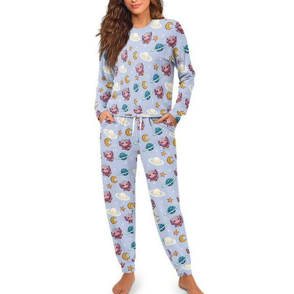 SCRAWLGOD Galaxy Axolotl Pj for Women Sleepwear Set of 2 Pajamas for Women Lounge Crewneck Pajama with Pockets Washable Fall Pjs for Women Size L