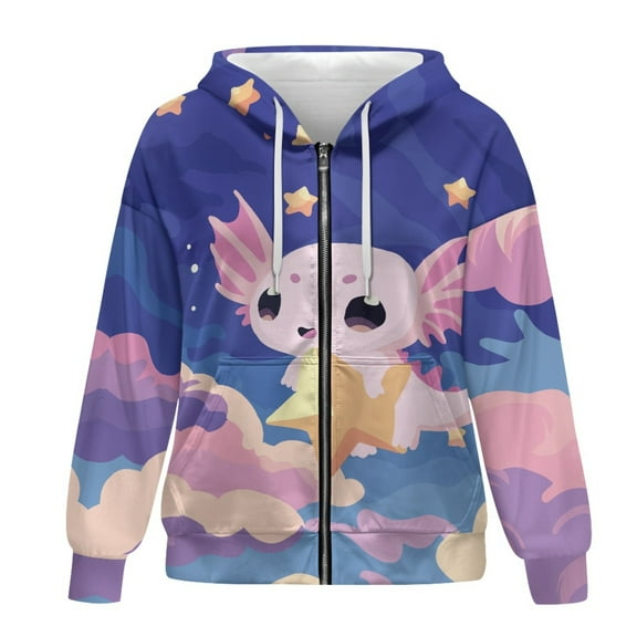 SCRAWLGOD Galaxy Axolotl Woman Zip Up Hoodie Plus Size XS Womens Zipper Jackets Long Sleeve Women Oversized Sweatshirt Lightweight Hooded Sweatshirt Zipper Front Women Office