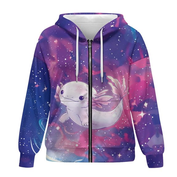 SCRAWLGOD Galaxy Axolotl Women Hooded Zip Up Womens Hoodie Sweatshirt Zipper Long Sleeve Women Outfits Casual Work Soft Women Oversized Tops Size XL for Biking