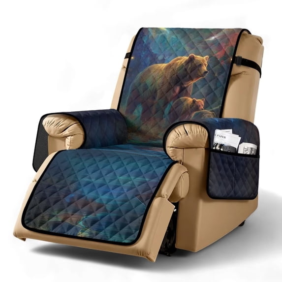 SCRAWLGOD Galaxy Bear Print Recliner Chair Cover Anti Dust Non Slip Furniture Protector Breathable Recliner Chair Cover with Elastic Straps