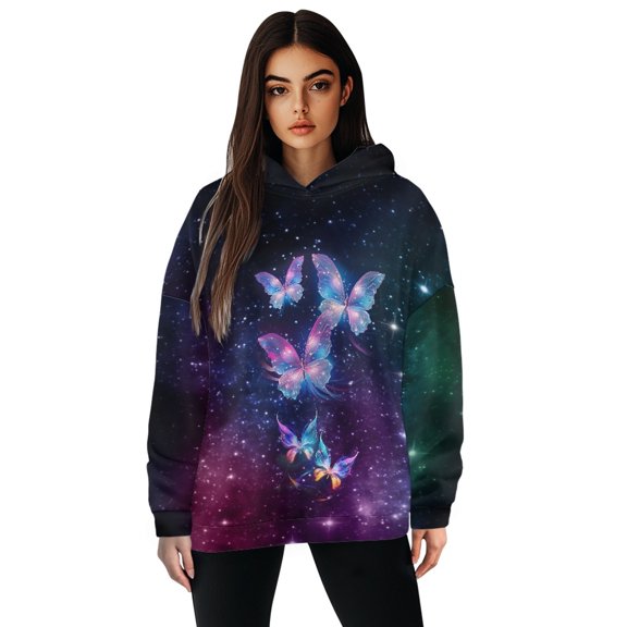 SCRAWLGOD Galaxy Butterflies Pullover Hoddie for Women Graphic Sweatshirt for Women Trendy Long-Sleeve Oversized Sweatshirt for Women Comfortable Hooded Sweater Women Size 2XL Fitness