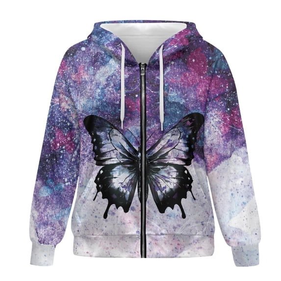 SCRAWLGOD Galaxy Butterflies Women Zip Hoodie Sweatshirt for Women Hoodies with Zipper Long Sleeve Ladies Zip Up Hoodie Soft Women Fall Outfits Size XL for Daily Life