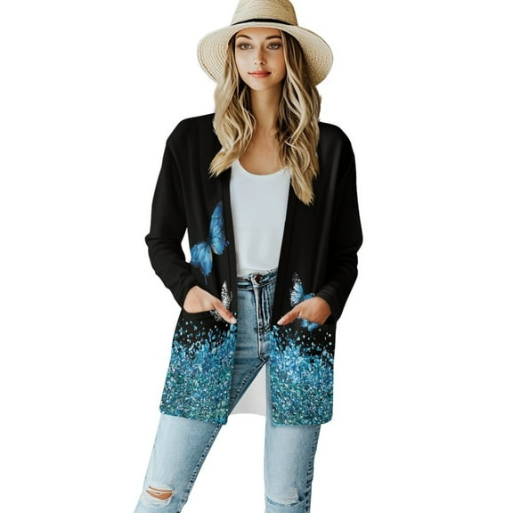 SCRAWLGOD Galaxy Butterfly Cardigans for Women Loose Casual Long Sleeved Open Front Comfy Soft Cardigans for Women Holidays Breathable Cardigans with Pockets Size L