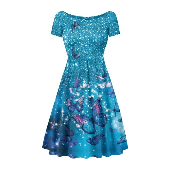 SCRAWLGOD Galaxy Butterfly Dresses for Women Dress Summer Dress with Short Sleeves Dressy Breathable High Waist Dresses Wide Neck Size 2XL for Vacations