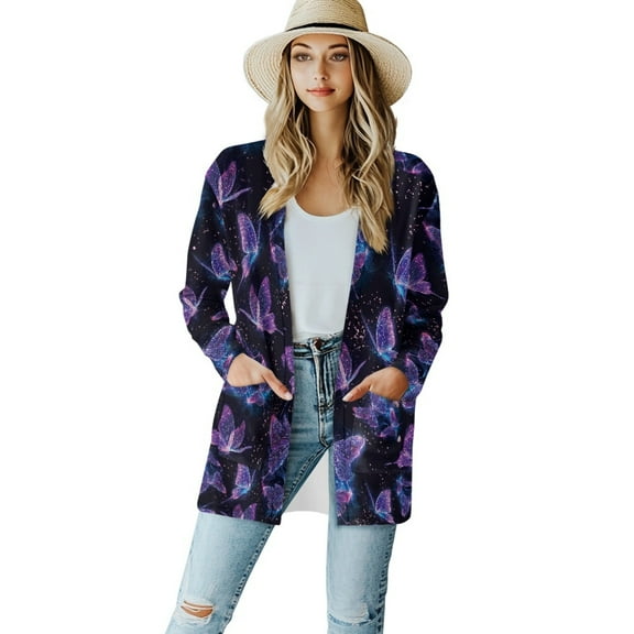 SCRAWLGOD Galaxy Butterfly Open Front Long Cardigans for Women Trendy Fall with Pockets Size S Long Sleeve Work Cardigan for Women Thin Elastic Women Clothing Trendy