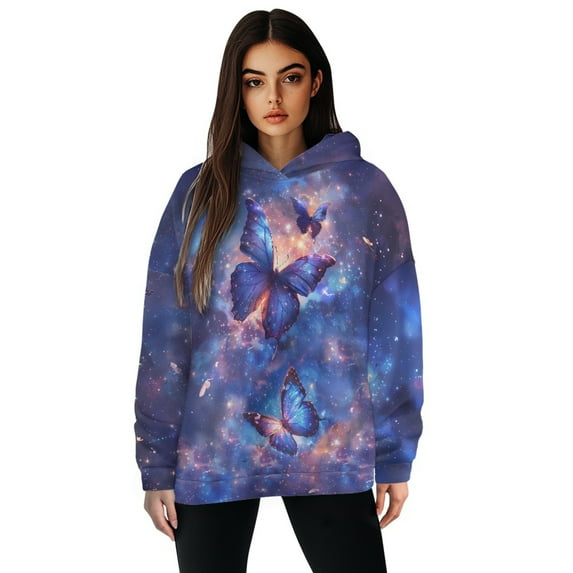 SCRAWLGOD Galaxy Butterfly Oversized Hoodies for Women Pullover Graphic Pullover Sweaters Long Sleeve Women Sweatshirts Trendy Loose Ladies Hoodie Sweaters Size M for Fitness