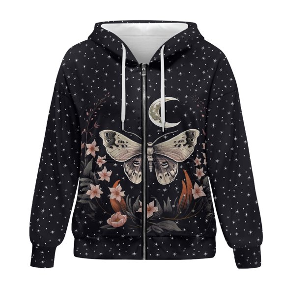 SCRAWLGOD Galaxy Butterfly Plus Size XS Zipper Hoodies for Women Oversized Sweatshirt Long Sleeve Womens Hoodie Graphic Comfy Ladies Hoodies Zip Front for Clubs