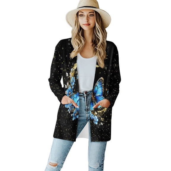 SCRAWLGOD Galaxy Butterfly Women's Cardigan Jacket Lightweight Sweatshirt Woman Long Sleeve Women Long Cardigan with Pockets Stretchy Sweater Coats Fall Size L for Travel