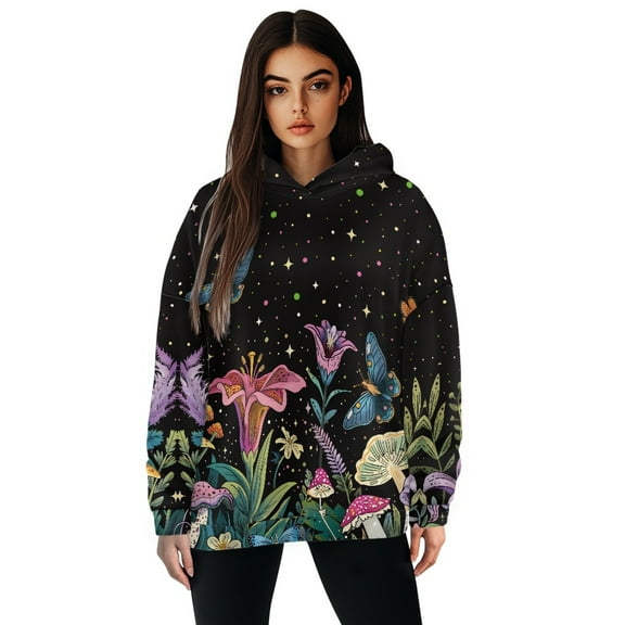 SCRAWLGOD Galaxy Butterfly Women's Pullover Hoodie Plus Size L Tops for Women Long Sleeve Oversized Hoodies for Women Graphic Loose Ladies Hooded Sweaters for Dancing