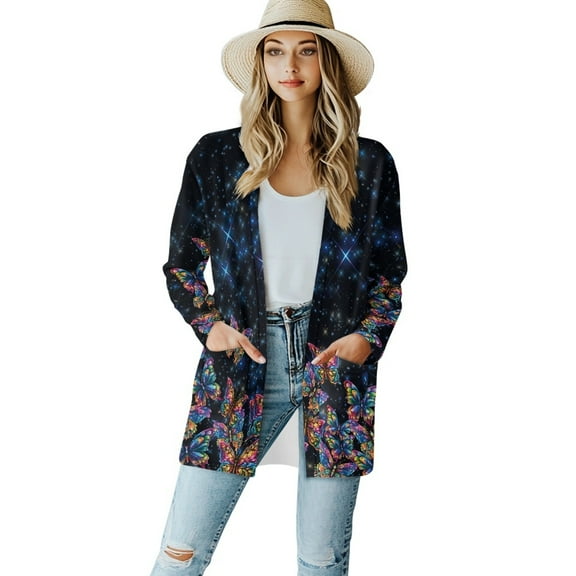 SCRAWLGOD Galaxy Butterfly Womens Cardigans Lightweight Long Sleeve Tops for Women Work Comfortable Ladies Cardigan Sweaters for Fall Long Sleeve Women Jackets Fashion Size S