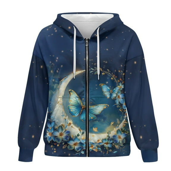 SCRAWLGOD Galaxy Butterfly Zip Hoodies for Women Plus Size L Outfits for Women Casual Drawstring Women Oversized Sweatshirt Soft Hooded Zipper Sweater Women Vacation