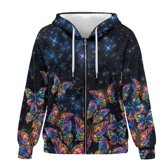 SCRAWLGOD Galaxy Butterfly Zippered Hoodies for Women Fall Graphic Sweatshirts Long Sleeve Women Oversized Jacket Elastic Hooded Zipper Sweater Women Party Size M