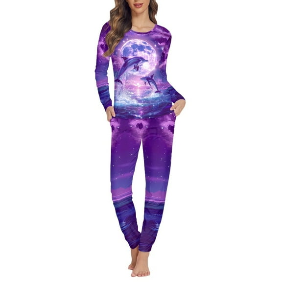 SCRAWLGOD Galaxy Dolphin Sea Pajama Set for Women Long Sleeve Sleepwear Sets for Women Size XL Crewneck Women's Pajama Sets with Pockets Soft Womens Pajamas Set