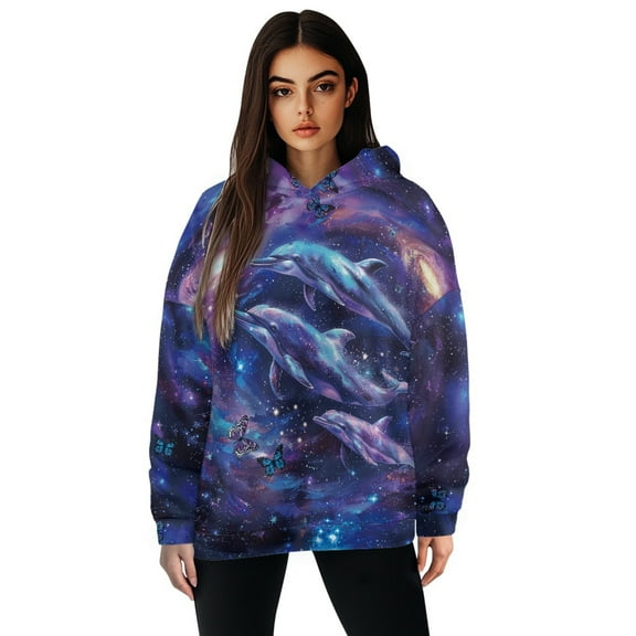 SCRAWLGOD Galaxy Dolphins Womens Pullover Hoodies for Women Oversized Sweatshirt Graphic Long-Sleeve Sportswear Hoodie Women Comfortable Hooded Blouses Women Sports Size S