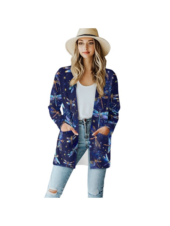 Galaxy Dragonfly Long Sleeve Light Weight Cardigan for Women Trendy Clothes Comfortable Women's Cardigans with Pockets Size S Casual Ladies Cardigan Jacket for School