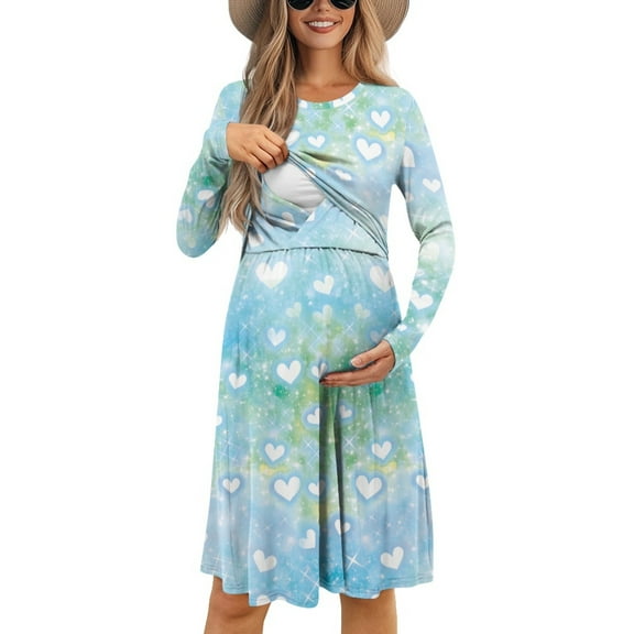 SCRAWLGOD Galaxy Heart Long Sleeve Nursing Dress for Breastfeeding Friendly Dresses Casual Maternity Dress for Baby Shower Size S Breathable Ladies Midi Fall Dresses A-Line for Travel
