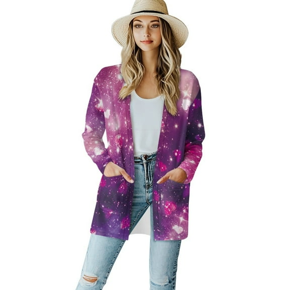 SCRAWLGOD Galaxy Heart Womens Light Weight Cardigan Sweaters Long Sleeve Lounge Cardigans for Women Soft Size XL Casual Work Cardigan for Women Long for Picnic