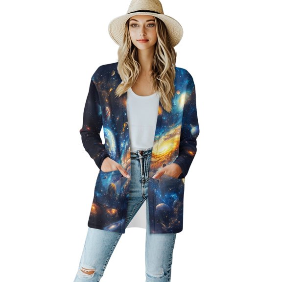 SCRAWLGOD Galaxy Long Cardigan for Women Lightweight Open Front Jacket Coat Outwear Long Sleeve Casual Cardigans for Work Size L Loose Women Jackets Fashion