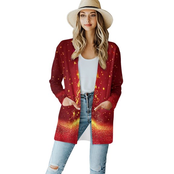 SCRAWLGOD Galaxy Long Cardigans for Women Trendy Sweater Cardigan with Pockets Size L Long Sleeve Women Dressy Casual Outfits for Fall Washable Ladies Cardigan Jacket