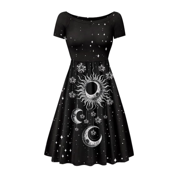 SCRAWLGOD Galaxy Moon Dress for Women Casual Summer Midi Length Dress with Sleeves Elastic Casual Woman Summer Dress with Sleeves Wide Neck Swing Dress Midi Size 3XL for Vacations