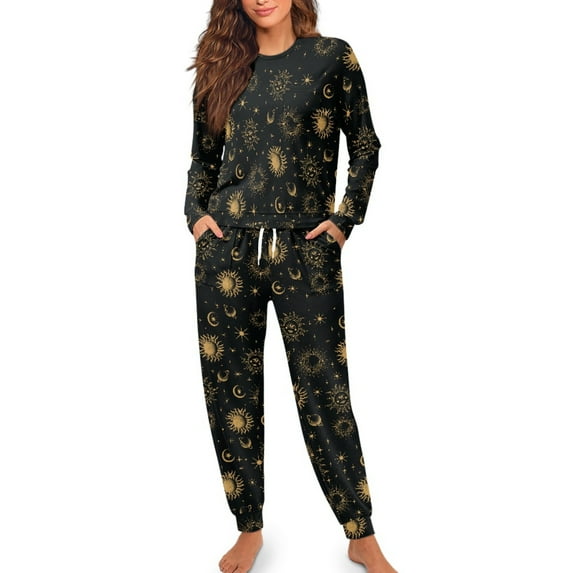 SCRAWLGOD Galaxy Moon Pajamas for Women Long Sleeve and Pants Pajama Set with Pockets Crewneck Graphic Pjs Fall Size XL Comfortable 2-Piece Lounge Set