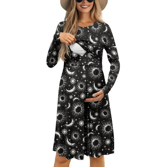 SCRAWLGOD Galaxy Moon Womens Maternity Dress Long Sleeve Nursing Dress for Women Fall Round Neck Breast Feeding Dress Midi Size M Breathable Women's High Waisted Dress