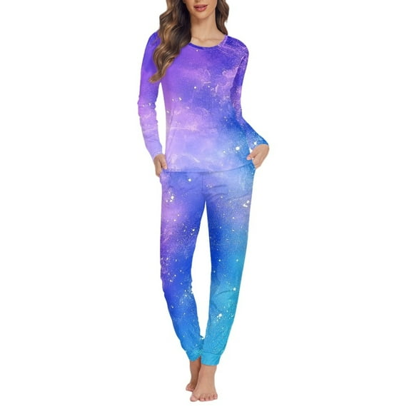 SCRAWLGOD Galaxy Pajamas for Women Set Long Sleeve Pj Set Women Lounge Set Fall Clothes Crewneck Ladies 2 Piece Outfits Elastic Pajama Set with Pockets Size XS