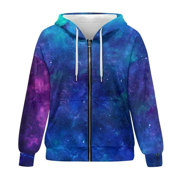 SCRAWLGOD Galaxy Pattern Women Oversized Hoodie Zip Up Women Light Weight Long Sleeve Women Casual Outfits Comfortable Zip Hoodies for Women Trendy Size XL for Park