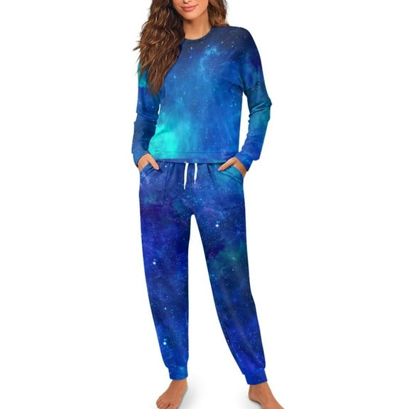 SCRAWLGOD Galaxy Pj for Women Sleepwear Long Sleeve Pajama Sets for Women 2 Piece Size S Drawstring Womens Pjs with Pockets Comfy House Wear for Women