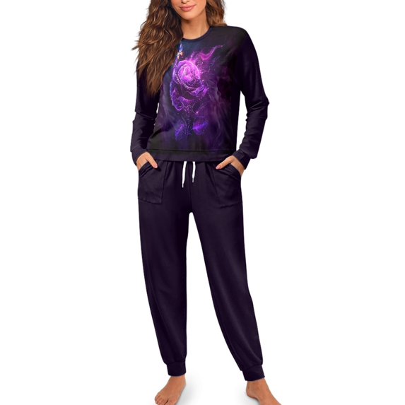 SCRAWLGOD Galaxy Rose Pjs for Women Set of 2 Pajamas Womens Long Sleeve Pj with Pockets Drawstring Women Sleepwear Breathable Women's Soft Loungewear Size 2XL