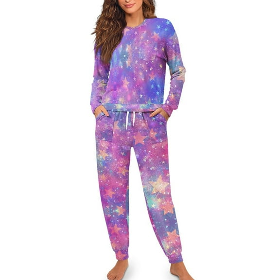 SCRAWLGOD Galaxy Star Womens Pjs Sets Long Sleeve Sleepwear for Women Jogger Pj Size 2XL Crewneck 2 Piece Lounge Breathable Graphic Pajamas with Pockets