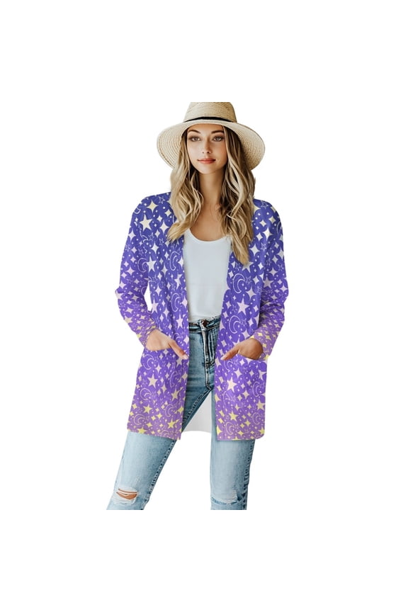 Galaxy Stars Cardigan Sweatshirts for Women Lightweight Sweater Coat with Pockets Womens Long Cardigan Comfy Activewear Women Jacket Size 2XL for Party