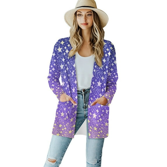 SCRAWLGOD Galaxy Stars Cardigan Sweatshirts for Women Lightweight Sweater Coat with Pockets Womens Long Cardigan Comfy Activewear Women Jacket Size M for Party