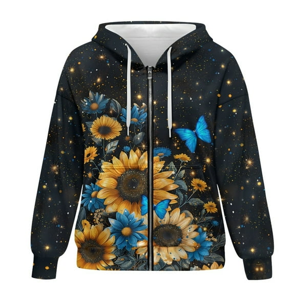 SCRAWLGOD Galaxy Sunflowers Woman Lightweight Hoodies Zip Up Hooded Sweatshirt Women Long Sleeve Activewear Women Jacket Washable Ladies Hoodies Zip Front Size L for Party