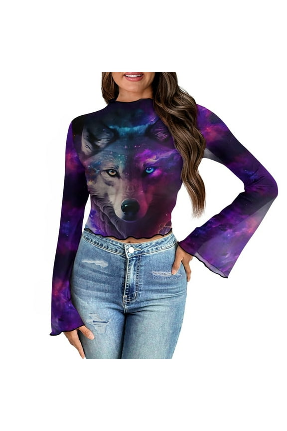 Galaxy Wolf Women Bell Sleeve Tops Size M Soft Long Sleeve Flared Shirts for Women Casual Slim Shirts Lettuce Trim Blouse for Going Out Travel