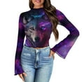thumbnail image 1 of SCRAWLGOD Galaxy Wolf Women Bell Sleeve Tops Size S Soft Long Sleeve Flared Shirts for Women Casual Slim Shirts Lettuce Trim Blouse for Going Out Travel, 1 of 7