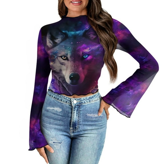 SCRAWLGOD Galaxy Wolf Women Bell Sleeve Tops Size S Soft Long Sleeve Flared Shirts for Women Casual Slim Shirts Lettuce Trim Blouse for Going Out Travel
