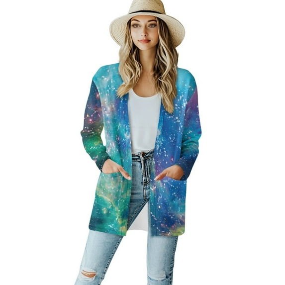 SCRAWLGOD Galaxy Women's Open Front Cardigan Lightweight Sweaters for Women Fall Size L Long Sleeve Work Cardigan for Women Long Washable Women Jackets Casual