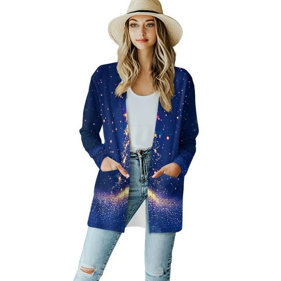 SCRAWLGOD Galaxy Womens Cardigan Sweaters for Women Dressy Jackets for Women Trendy Size L Breathable Sweater Coat with Pockets Long Sleeve Cardigan Sweatshirts with No Hood