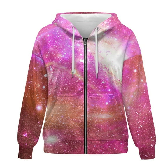 SCRAWLGOD Galaxy Zippered Hoodies for Women Plus Size 4XL Graphic Sweaters for Women Trendy Long Sleeve Ladies Hoodies Zip Front Soft Women Oversized Sweatshirt for Clubs